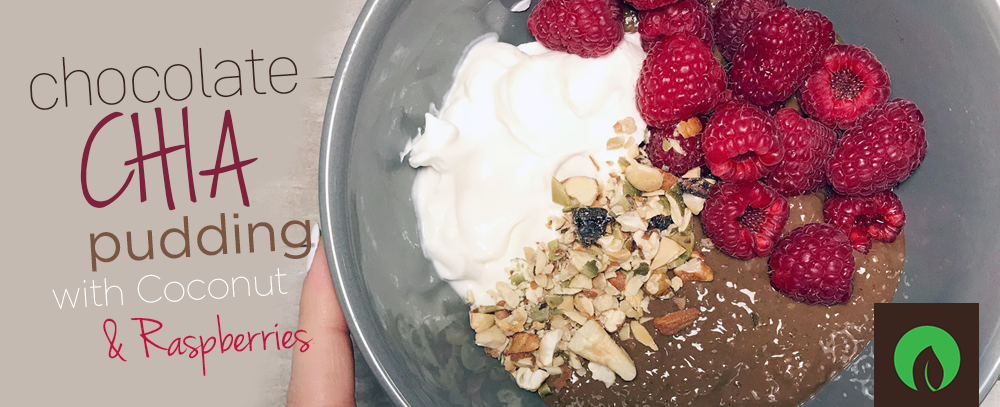 Chocolate Chia Pudding with Coconut & Raspberries